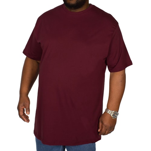 Burgundy crew neck T-shirt, straight front view on model.
